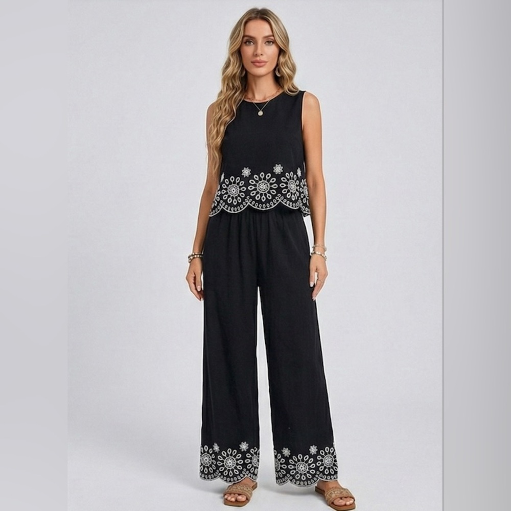 Boho Scalloped Hem Sleeveless Top & Wide Leg Pants Black - Picture 1 of 8